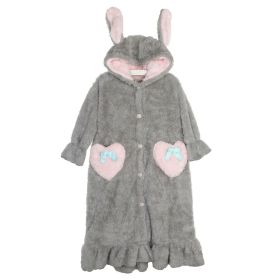 Lovely Girls Grey Cozy Flannel Hooded Robe With Ears for Winter Bathrobe Homewear